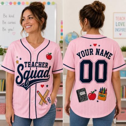 Personalized Teacher Squad Baseball Jersey, Custom Name Teacher Shirt, Pink Teacher Team Jersey, Back to School Gift, Teacher Appreciation