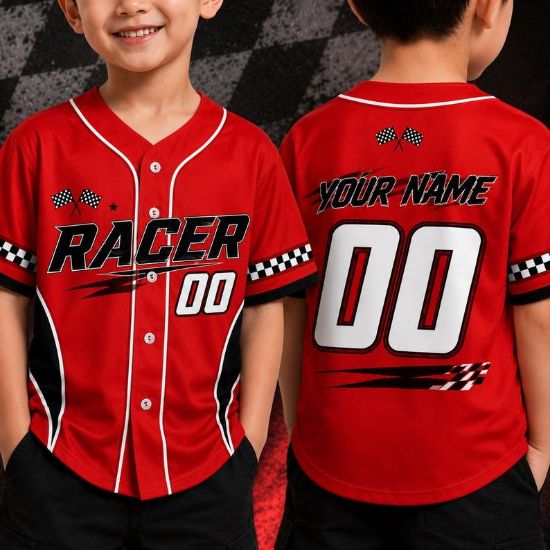 Custom Red Racing Jersey, Personalized Name Number Racer Shirt, Kids Race Car Birthday Outfit, Checkered Flag Motorsport Gift Boy Birthday