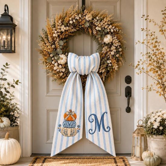 Personalized Pumpkin Wreath Sash Bow, Blue Stripe Fall Door Bow, Custom Monogram Autumn Wreath, Farmhouse Front Door Decor, Thanksgiving Bow
