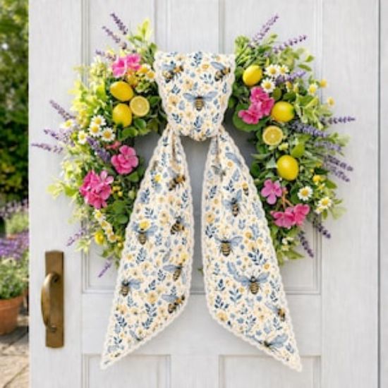 Bee Wreath Sash with Scalloped Lace Edge, Embroidered Bee Door Bow, Spring Summer Front Door Decor, Farmhouse Wreath Accent Gift