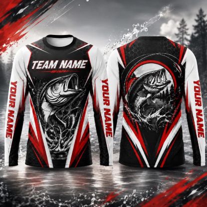 Personalized Fishing Jersey Shirt, Custom Dad Bass Fishing Team Name Performance Long Sleeve, Red Black Fishing Team Tournament Shirt