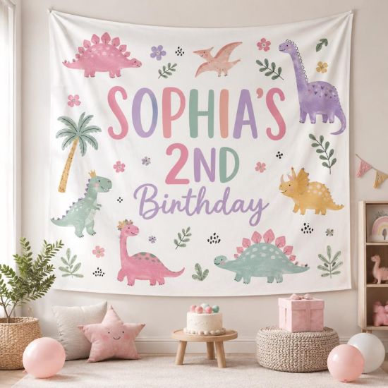 Personalized Dinosaur Birthday Tapestry, Girl Dinosaur Party Banner, Custom 2nd Birthday Backdrop, Pastel Dino Birthday Decor Girl
