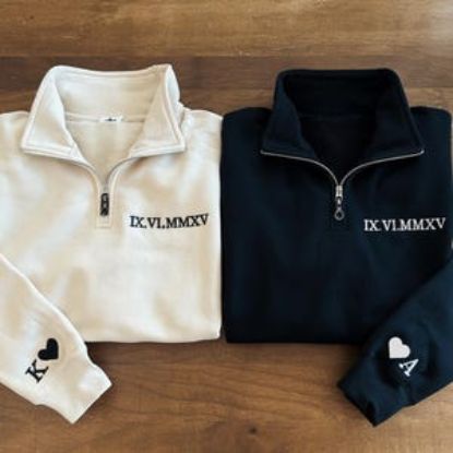 Embroidered Roman Numeral Quarter Zip Pullover, Gift for Couples, Custom Wedding Date, Personalized Wedding Gift, Anniversary Gift for Her