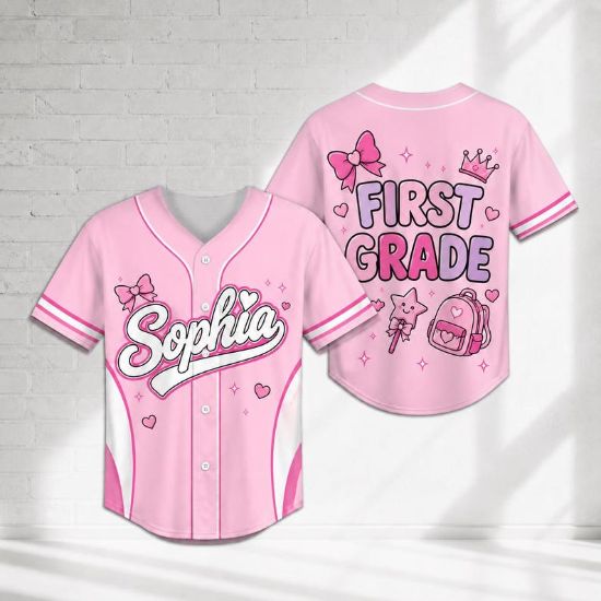 Personalized Back To School Jersey, Custom First Grade Shirt, Pink Girls Baseball Jersey, First Day of School Outfit, Name Shirt For Girl