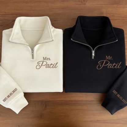 Embroidered Custom Mr and Mrs Embroidered Quarter Zip Sweatshirt, Date On Sleeve, Gift For Bride, Future Mrs. and Mr. Shirt, Engagement Gift