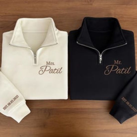 Embroidered Custom Mr and Mrs Embroidered Quarter Zip Sweatshirt, Date On Sleeve, Gift For Bride, Future Mrs. and Mr. Shirt, Engagement Gift
