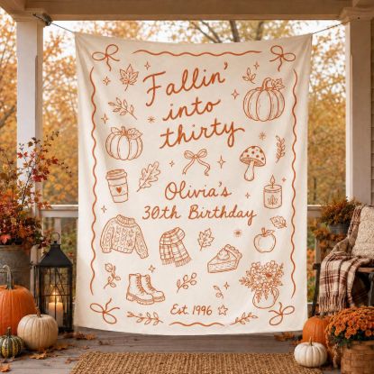 Fallin Into Thirty Birthday Tapestry, Personalized 30th Birthday Banner, Fall Birthday Backdrop, Autumn Party Decor for Women Fall Banner