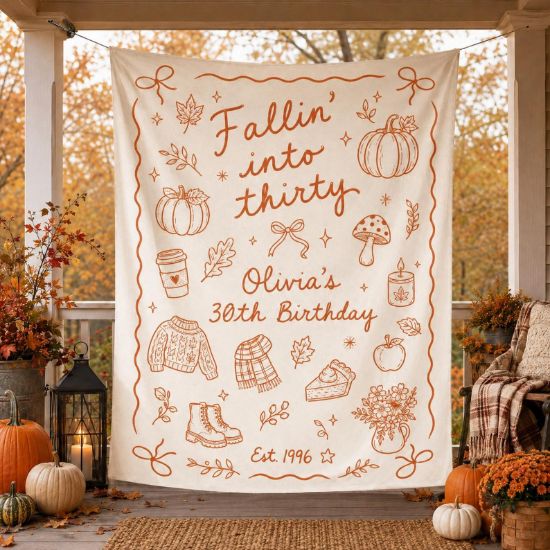 Fallin Into Thirty Birthday Tapestry, Personalized 30th Birthday Banner, Fall Birthday Backdrop, Autumn Party Decor for Women Fall Banner