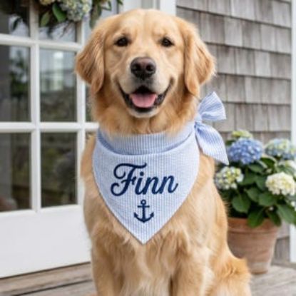 Embroidered Nautical Dog Bandana, Custom Embroidered Pet Bandana, Seersucker Puppy Bandana, Anchor Dog Scarf Gift, Dog Cat Bandana