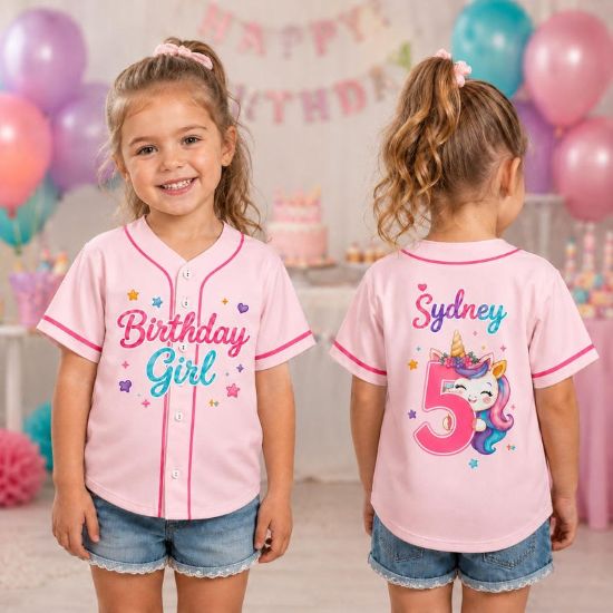 Personalized Birthday Girl Baseball Jersey, Custom Unicorn Birthday Shirt, Girls 5th Birthday Outfit, Pink Party Jersey, Name Age Shirt