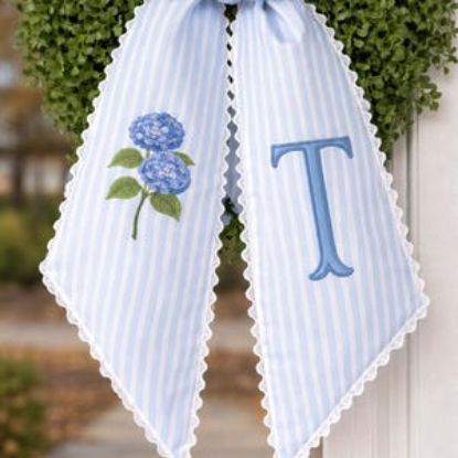 Hydrangea Wreath Sash with Scalloped Ricrac Edge, Embroidered Door Decor, Front Porch Wreath Bow, Hydrangea Lover Home Decor Gift Flower