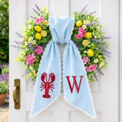 Lobster Wreath Sash with Scalloped Lace Edge, Embroidered Lobster Door Bow, Coastal Summer Front Door Decor, Nautical Wreath Accent Gift