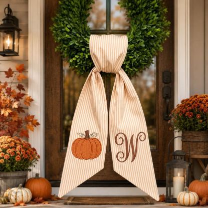 Personalized Pumpkin Wreath Sash, Fall Monogram Door Bow, Embroidered Autumn Wreath Ribbon, Custom Initial Thanksgiving Front Door Decor