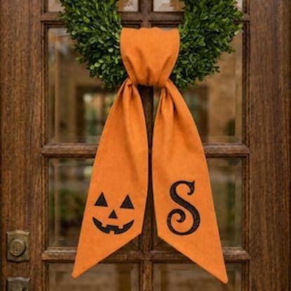 Personalized Halloween Wreath Sash, Black Orange Door Bow with Pink Pumpkin Face & Monogram, Embroidered Fall Wreath Ribbon Decor