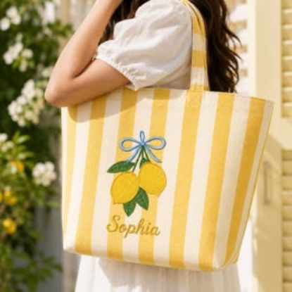 Personalized Lemon Tote Bag, Embroidered Summer Beach Bag, Custom Name Coastal Tote, Yellow Stripe Preppy Tote, Lemon Summer Lover Gift