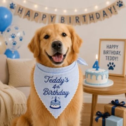 Personalized Dog Birthday Bandana, Custom Embroidered Pet Birthday Scarf, Green Striped Puppy Bandana, Birthday Dog Outfit, Pet Party Outfit
