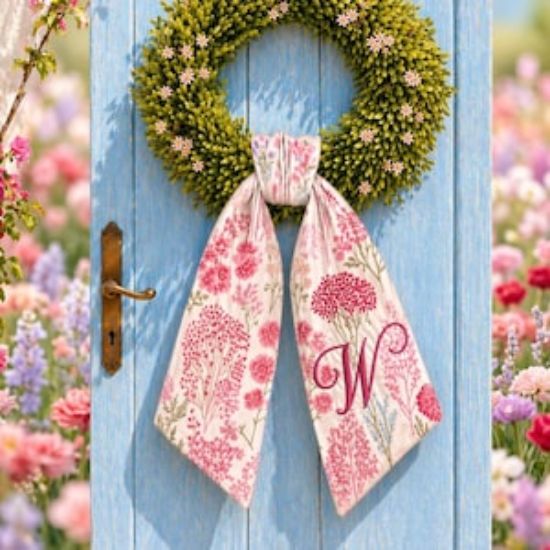 Summer Floral Wreath Sash, Embroidered Flower Door Bow, Personalized Monogram Sash, Front Door Decor, Cottage Garden Home Gift Sash
