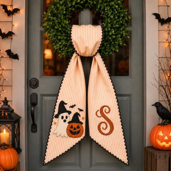Personalized Halloween Wreath Sash Bow, Custom Ghost Pumpkin Door, Monogram Front Door Wreath, Spooky Fall Porch Decor, Halloween Wreath