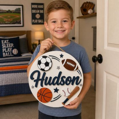 Personalized Sports Name Sign, Custom Kids Room Door Hanger, Soccer Baseball Football Basketball Wall Decor, Boys Bedroom Gift, Round Sign