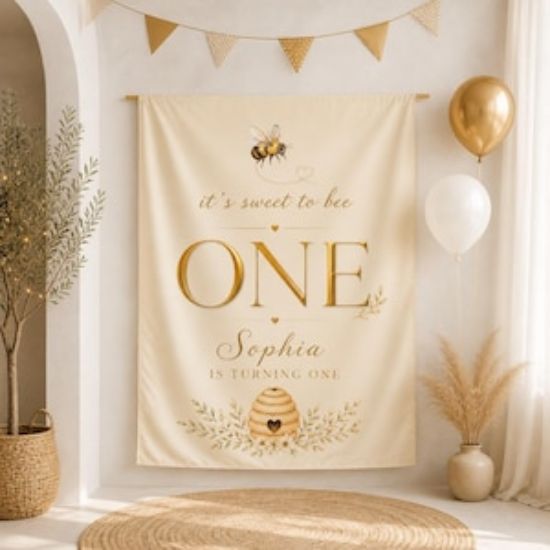 Sweet to Bee One Birthday Banner, Bee Themed 1st Birthday Party Decoration, Custom Kids Birthday Banner, Honey Bee Party Backdrop Tapestry