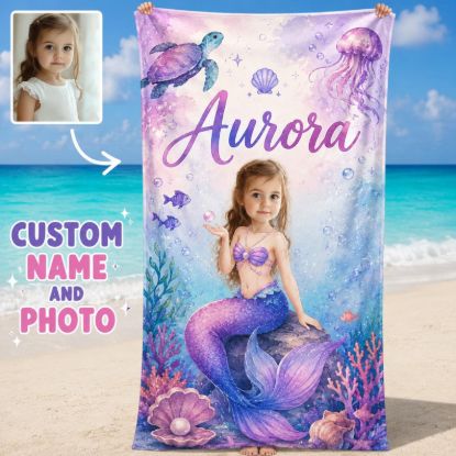 Personalized Mermaid Beach Towel for Kid, Custom Name and Photo Towel, Purple Ocean Mermaid Bath Towel, Girls Summer Beach Gift, Custom Face