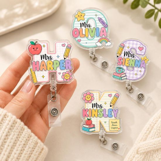 Personalized Teacher Badge Reel, Custom Acrylic Name Badge Holder, Cute Teacher ID Badge Clip, Back to School Teacher Gift, Teacher Gift