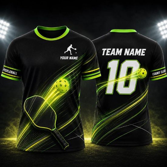 Custom Pickleball Jersey, Personalized Team Name & Number Shirt, Black Neon Green Sports Uniform, Youth Adult Court Club Gift for Players