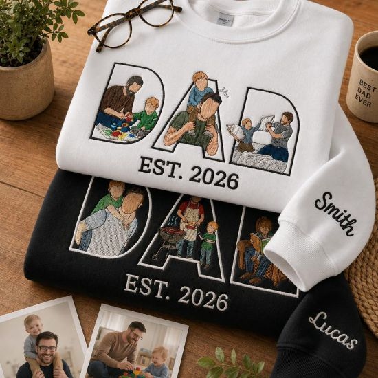 Embroidered Custom Dad Sweatshirt With Photo, Custom PAPA Embroidered Shirt, Portrait From Photo Embroidered Shirt, Custom Father's Day Gift