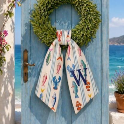 Embroidered Seamless Colorful Fish Pattern Wreath Sash, Custom Fishing seamless, Coastal Summer Nautical Print, Blue Lobster Crab Sash