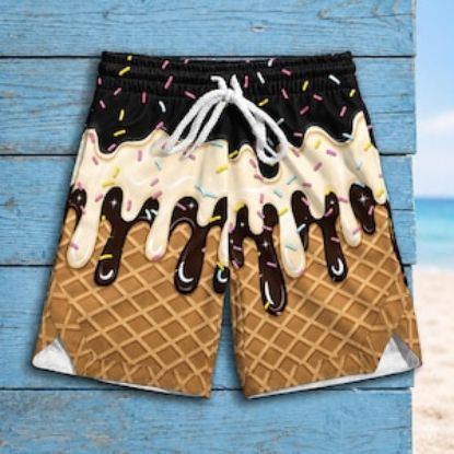 Ice Cream Drip Hawaii Shorts, Funny Summer Beach Shorts, Waffle Cone Swim Trunks, Colorful Sprinkle Vacation Shorts, Tropical Pool Shorts