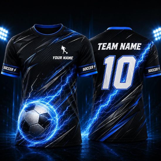 Custom Soccer Jersey, Personalized Team Name & Number Shirt, Black Blue Lightning Football Uniform, Youth Adult Sports Gift for Players