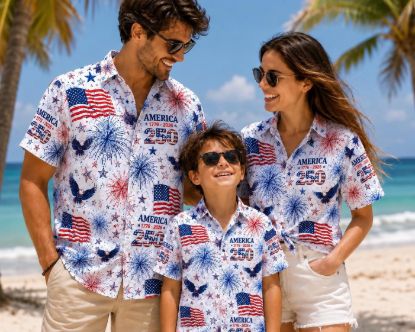 250 Years Family Hawaiian Shirt, Matching Aloha Shirt, 1776-2026 America Button Up, 4th of July Family Outfit, USA Independence Day Shirt