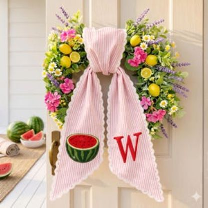 Watermelon Wreath Sash with Scalloped Lace Edge, Embroidered Watermelon Door Bow, Summer Front Door Decor, Personalized Initial Sash Gift