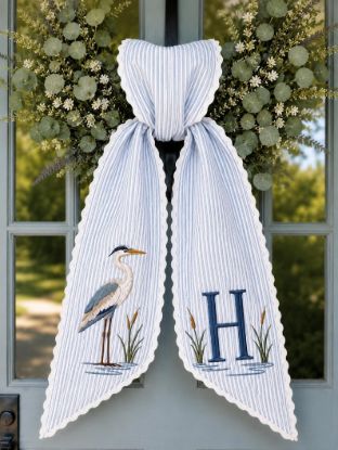 Personalized Blue Heron Wreath Sash, Custom Embroidered Light Blue Seersucker Door Bow, Coastal Front Porch Decor Gift