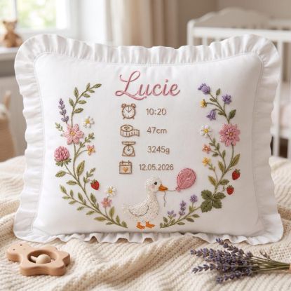 Personalized Baby Birth Stats Ruffle Pillow Case | Embroidered Duck Nursery Cushion | Custom Newborn Keepsake | Baby Shower Gift