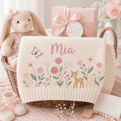 Personalized Baby Blanket with Name |Embroidered Floral Deer Knit Blanket for Baby Girl |Newborn Nursery Keepsake |Baby Shower Heirloom Gift