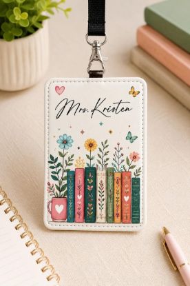 Personalized Vintage Books Leather ID Card Holder, Teacher Lanyard Accessories, Teacher Appreciation, Custom Name Librarian Gifts