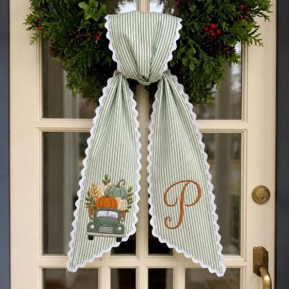 Monogram Fall Wreath Sash, Embroidered Pumpkin Door Decor, Striped Autumn Sash, Personalized Thanksgiving Front Door Ribbon