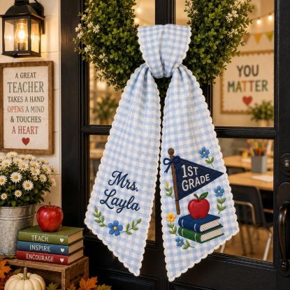 Personalized 1st Grade Teacher Wreath Sash, Embroidered Blue Gingham Door Bow, Custom Name Classroom Decor, Back to School