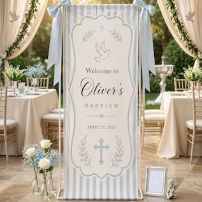 Personalized Baptism Polyester Welcome Sign, Custom Christening Banner, Baby Party Decor Banner