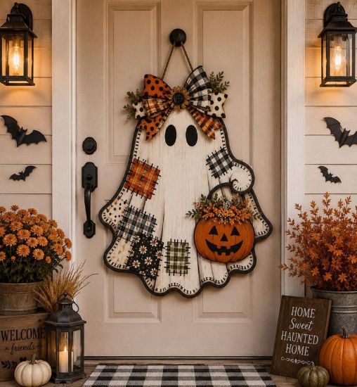 Patchwork Ghost Door Hanger, Rustic Halloween Fall Decor Sign, Whimsical Ghost Front Door Wreath, Autumn Outdoor Welcome Sign