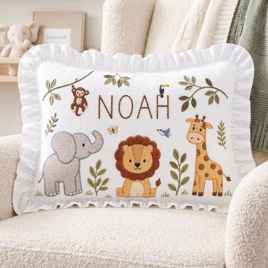 Personalized Baby Name Safari Ruffle Pillow | Embroidered Jungle Animal Nursery Cushion | Baby Shower Gift | Nursery Decor Gift