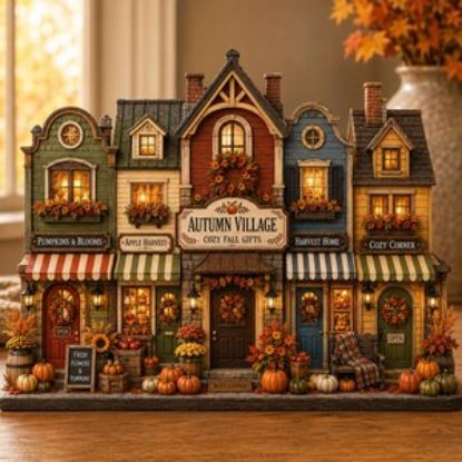 Custom Autumn Village Wooden Block, Fall Farmhouse Shelf Sitter, Pumpkin Cottage Table Decor, Cozy Harvest Home Gift, Fall Vibes