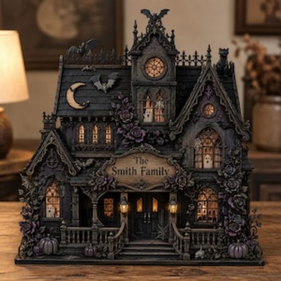 Personalized Halloween Haunted House 2D Flat Acrylic Plaque, Spooky Gothic Home Decor, Custom Family Name Sign, Miniature Creepy Cottage