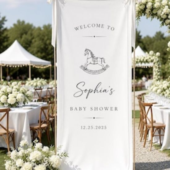 Personalized Fabric Baby Shower Welcome Banner, Custom Rocking Horse Decor Party Backdrop Polyester Banner