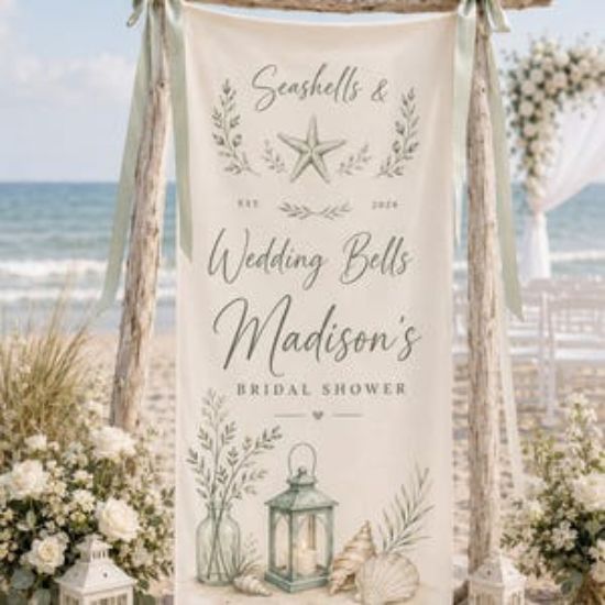 Personalized Coastal Bridal Shower Polyester Banner, Seashell Wedding Bells Fabric Sign, Custom Bride Name Backdrop, Beach Party Decor