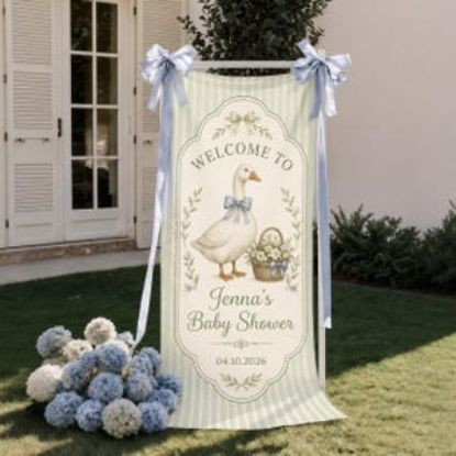 Personalized Polyester Baby Shower Banner Decor Party, Custom Name Event Backdrop, Goose Illustration Design