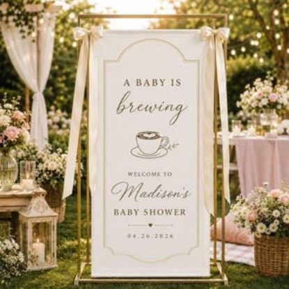 Personalized Baby Shower Fabric Welcome Banner Welcome Sign, Custom A Baby Is Brewing Coffee Theme Backdrop, Pink Ribbon Party Sign