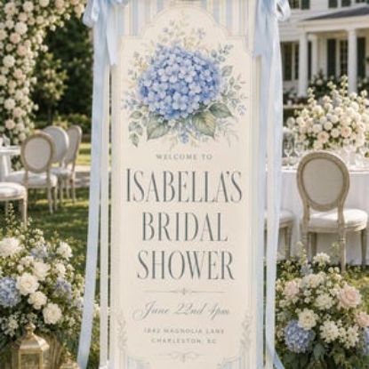 Personalized Hydrangea Bridal Shower Banner, Custom Blue Stripe Fabric Welcome Sign, Wedding Shower Backdrop, Garden Party Decor Bride