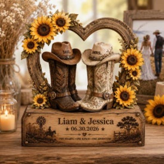 Personalized Western Wedding Cowboy Boots 2D Flat Wooden Block, Cowboy Mr And Mrs Decor, Rustic Bridal Shower Gift, Couple Gift, Newlywed